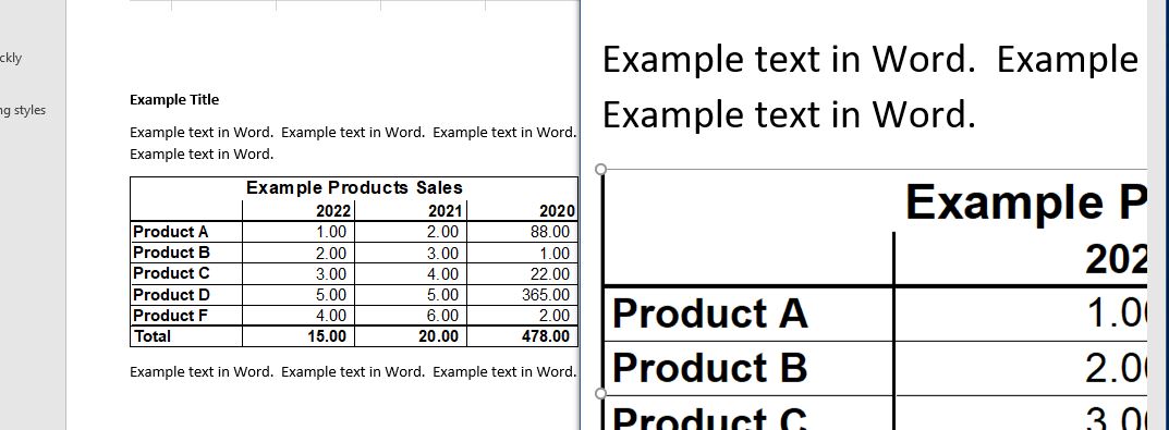 Excel Table Exported to Word as Vector Graphic as Printed (Good Quality Even With Zooming)