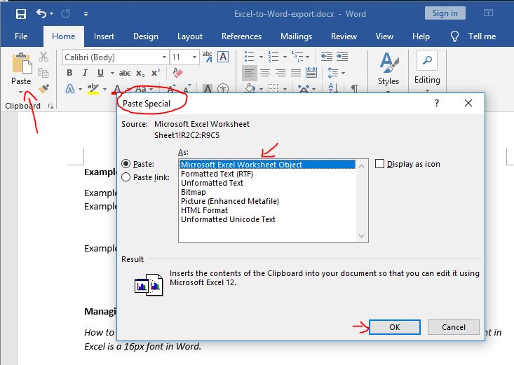 Paste as Microsoft Excel Worksheet Object
